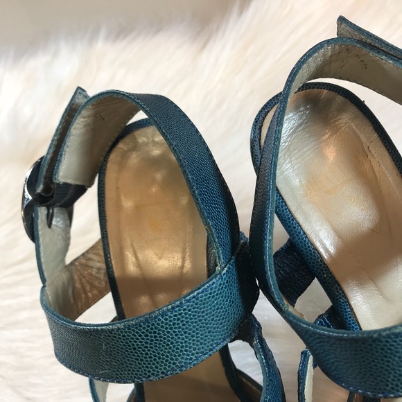 John Fluevog Teal Embossed Pointed Cutout Heels - Picture 5 of 8